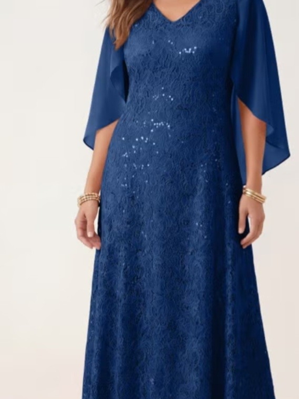 Mother of Bride Formal Navy Lace Maxi Dress with Sheer Cape - Size 24 - Picture 2 of 15